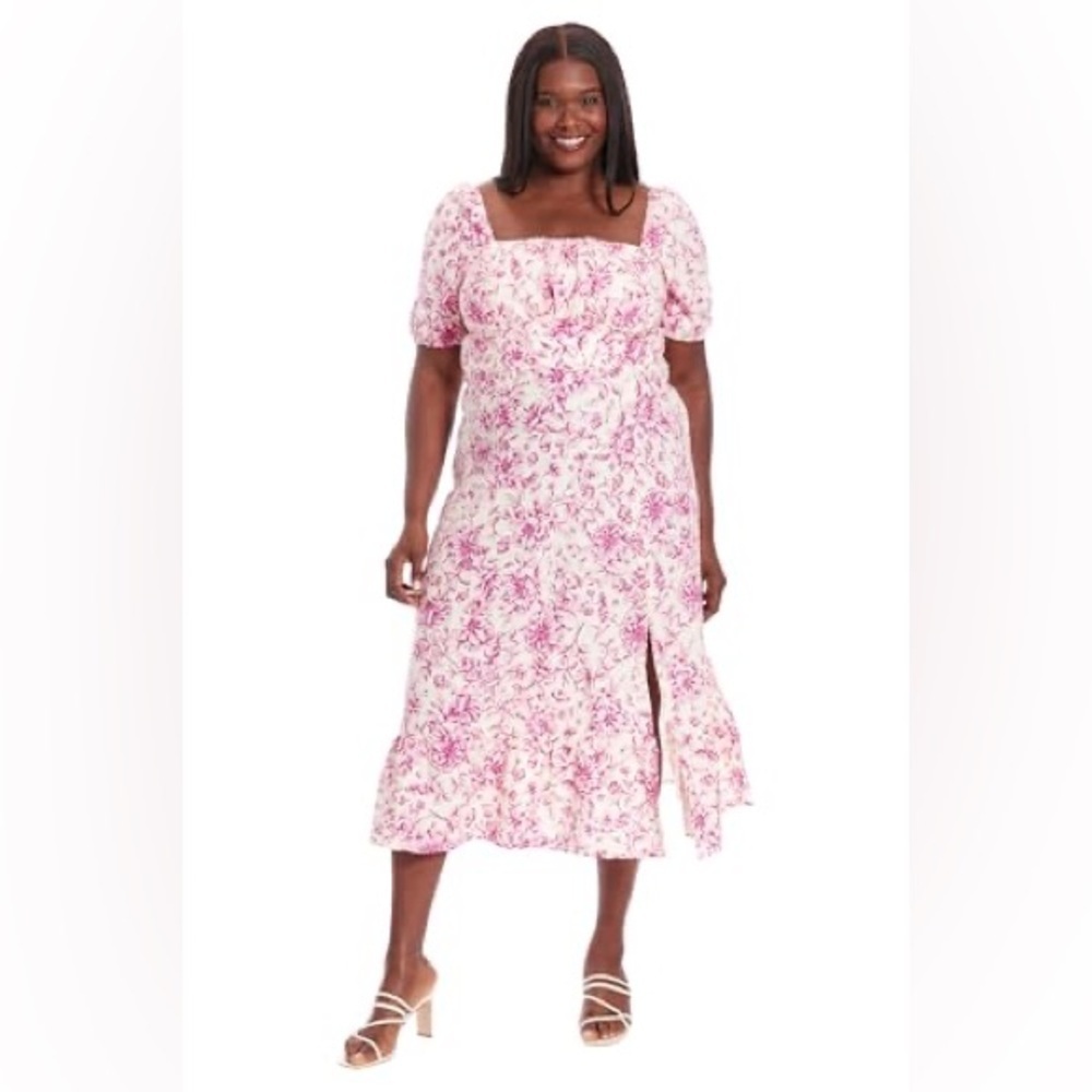 London Times Pink Floral Midi Dress with Puff Sleeves